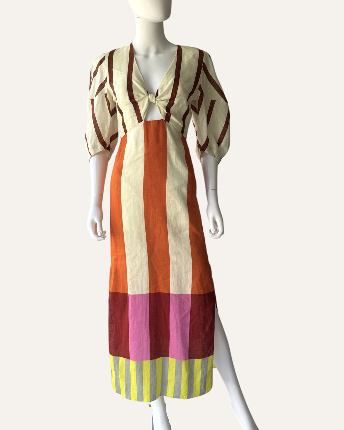 Cala de la Cruz Gia dress in Bangle Multi striped linen with puff sleeves