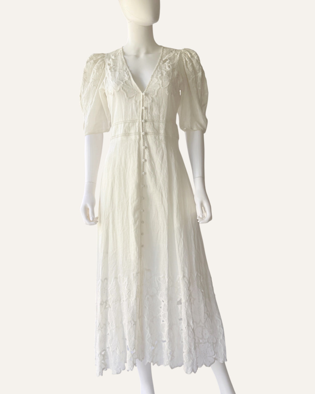Veronica Beard Hope cream eyelet embroidered maxi dress with puff sleeves