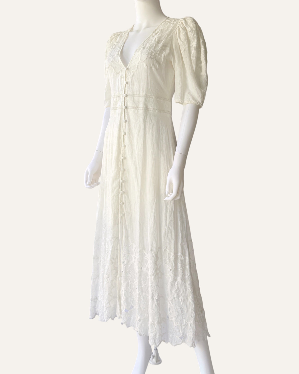 Veronica Beard Hope cream eyelet embroidered maxi dress with puff sleeves