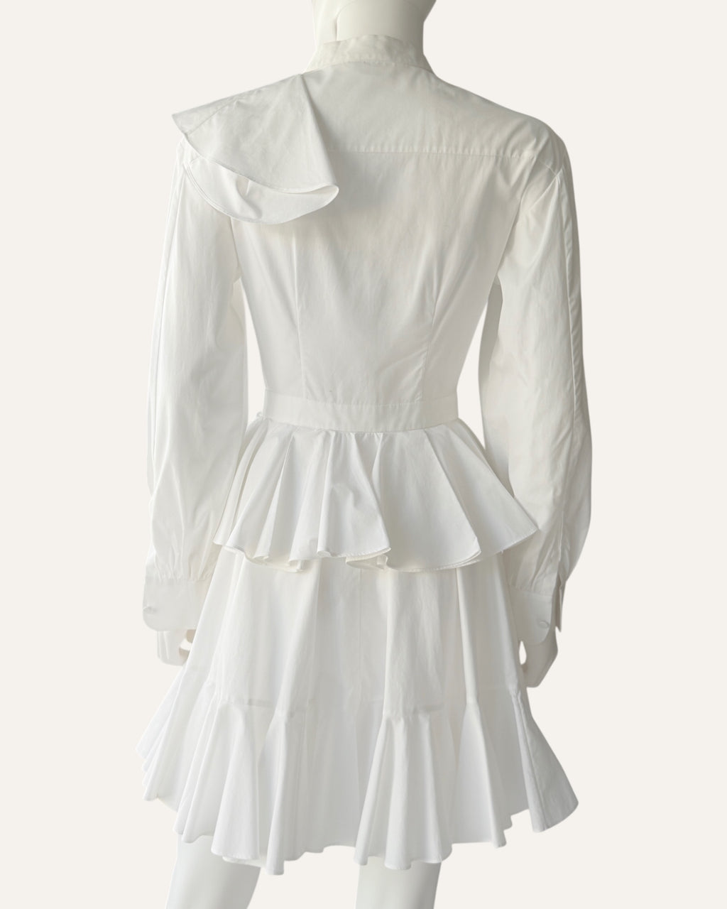 Alexander McQueen white cascading ruffle shirt dress with oversized collar