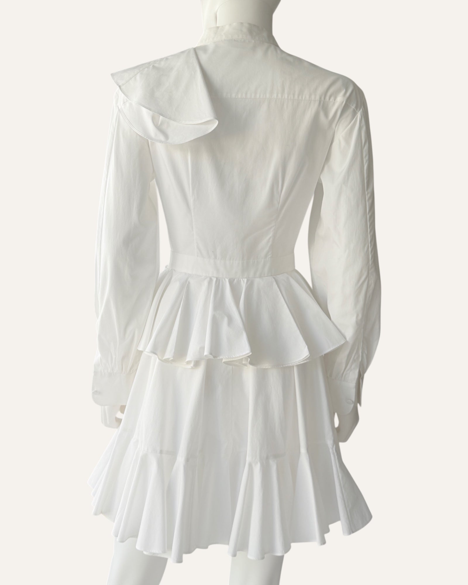 Alexander McQueen white cascading ruffle shirt dress with oversized collar