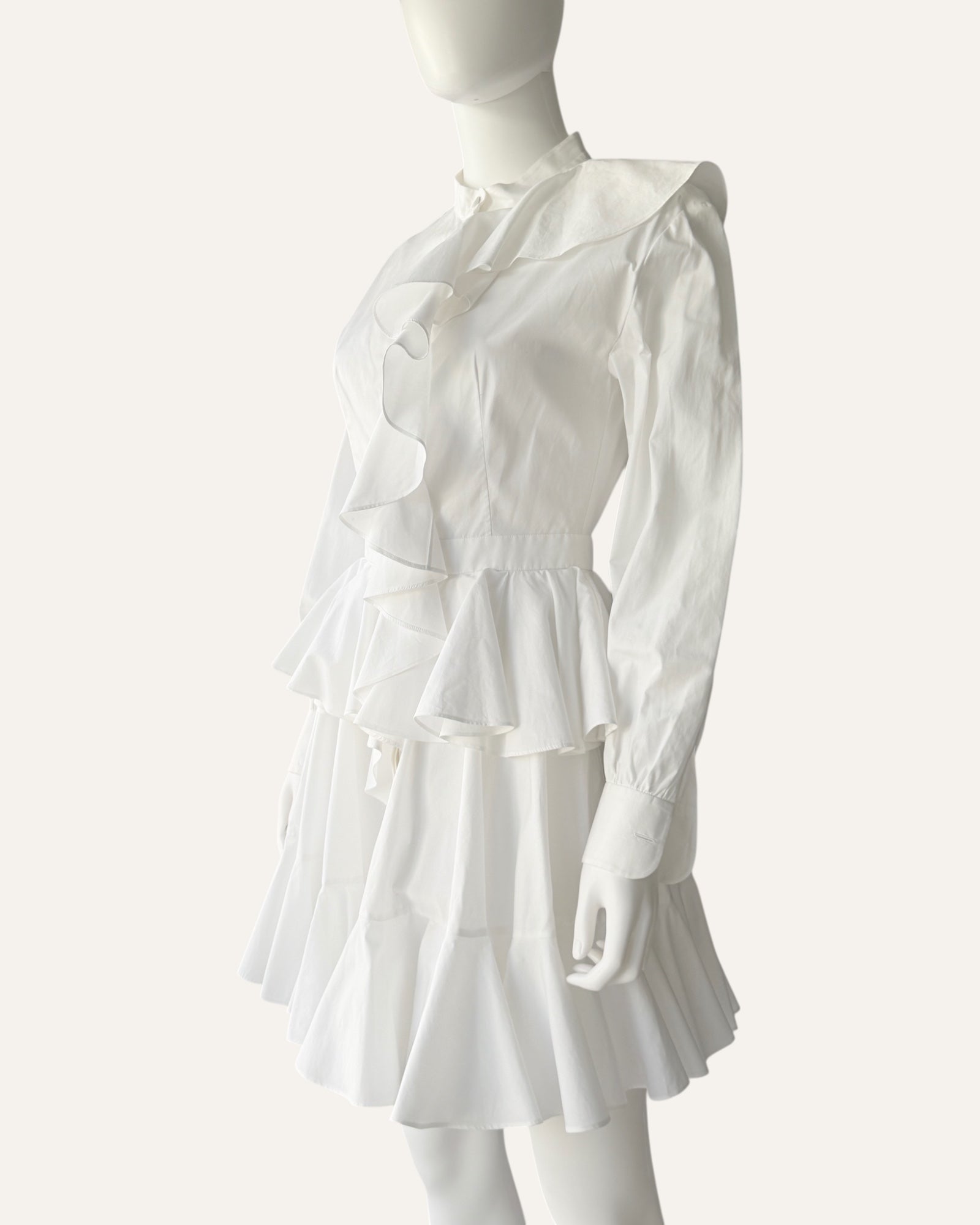 Alexander McQueen white cascading ruffle shirt dress with oversized collar