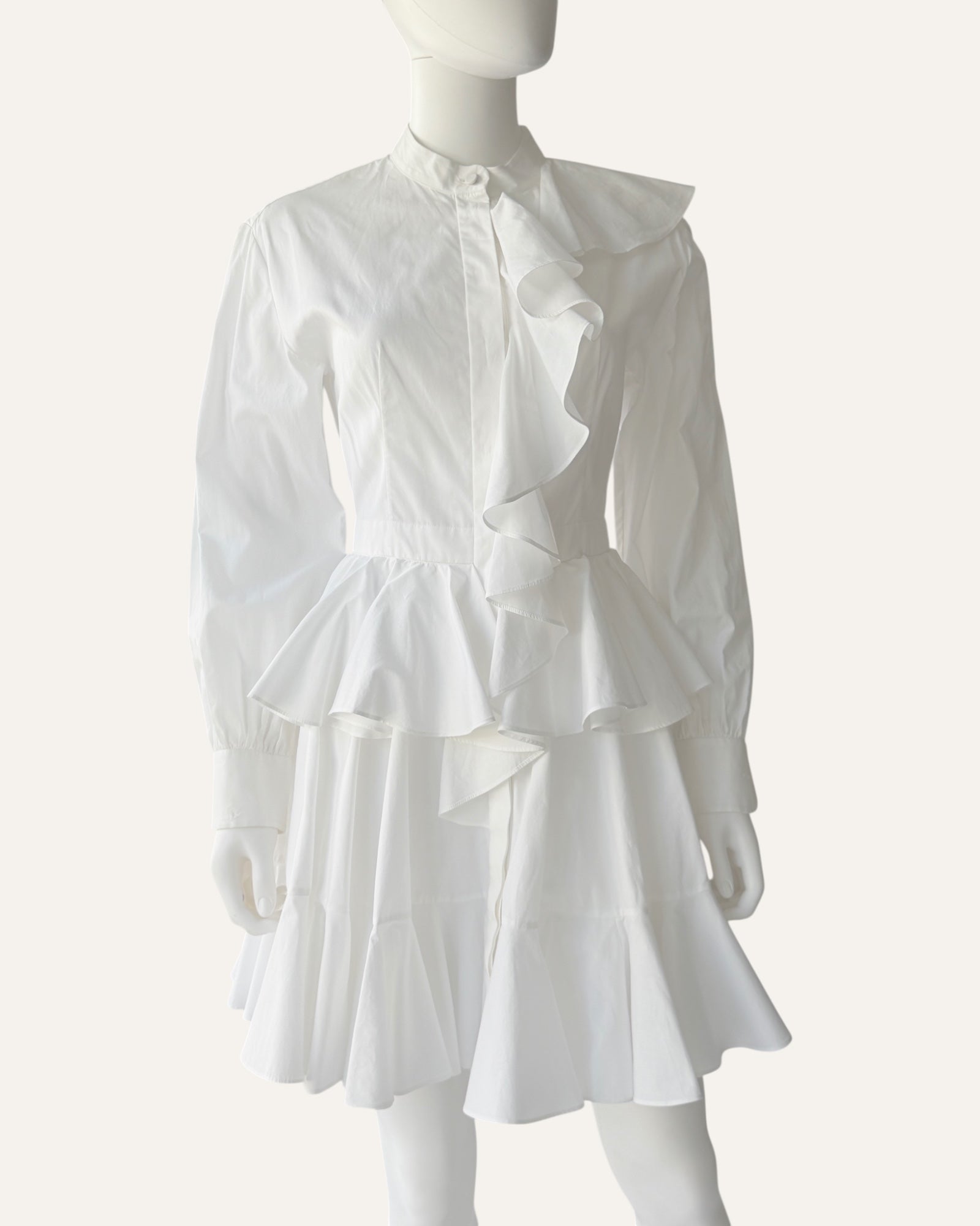 Alexander McQueen white cascading ruffle shirt dress with oversized collar