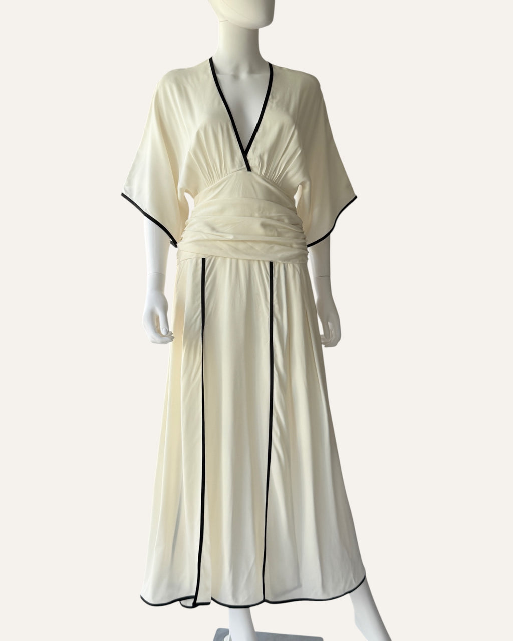 Raquelle Diniz ivory kimono-sleeve maxi dress with black contrast trim