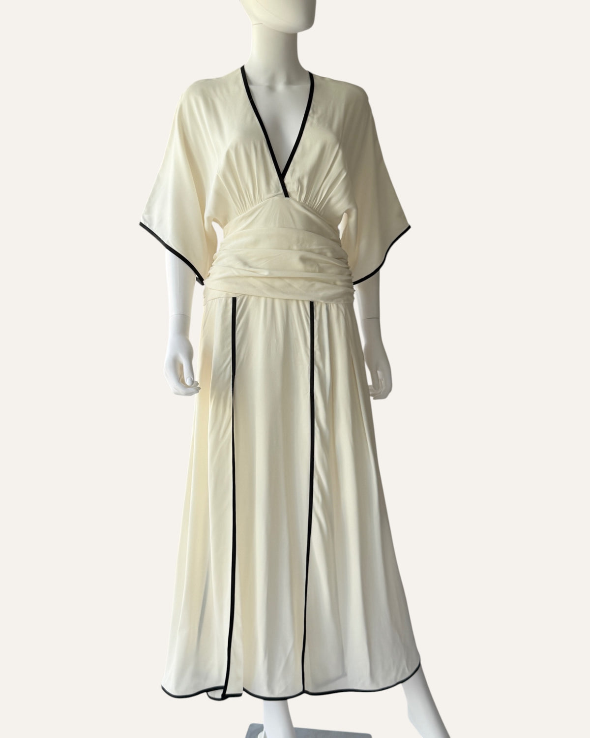 Raquelle Diniz ivory kimono-sleeve maxi dress with black contrast trim