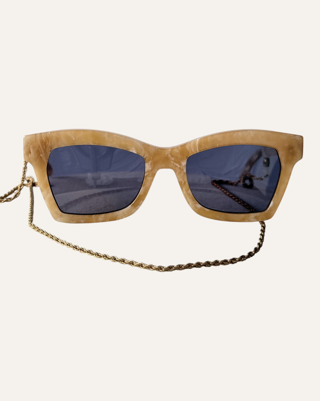 Karen Walker Blessed limited edition sunglasses with marbled caramel acetate and gold chain