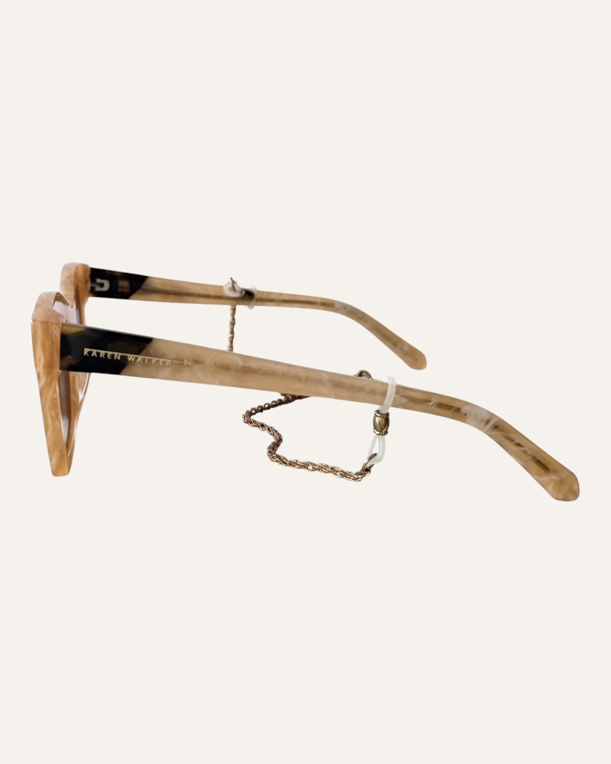 Karen Walker Blessed limited edition sunglasses with marbled caramel acetate and gold chain