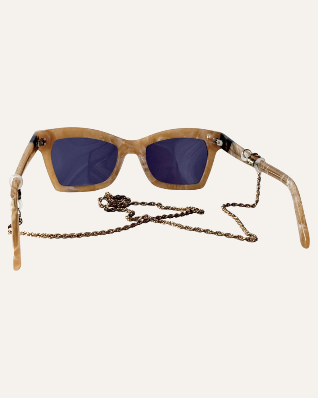 Karen Walker Blessed limited edition sunglasses with marbled caramel acetate and gold chain