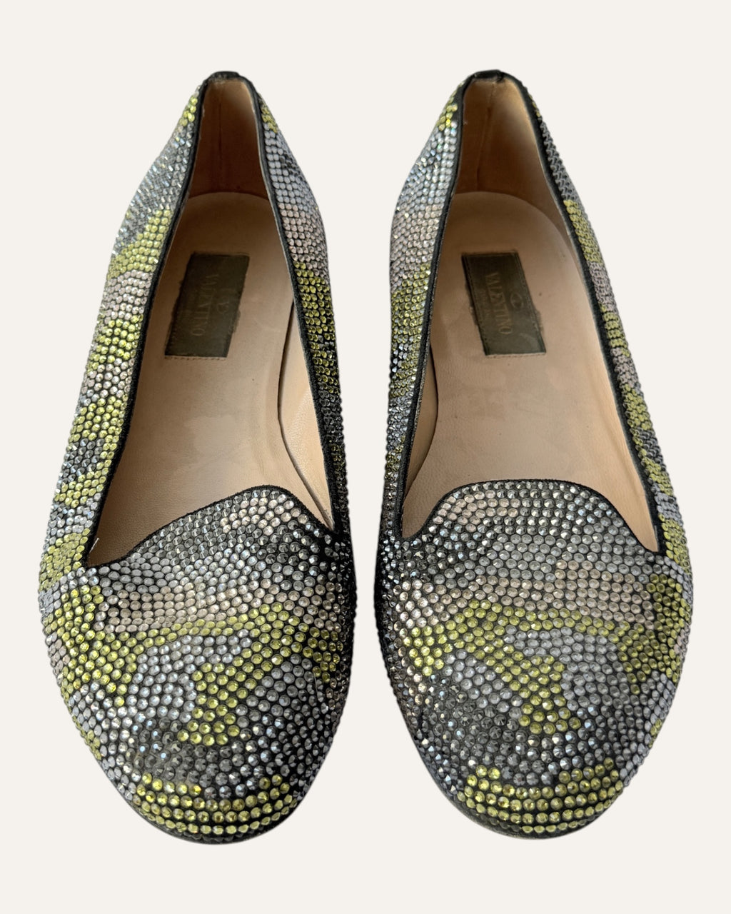 Valentino silver and chartreuse crystal embellished camouflage loafer flats