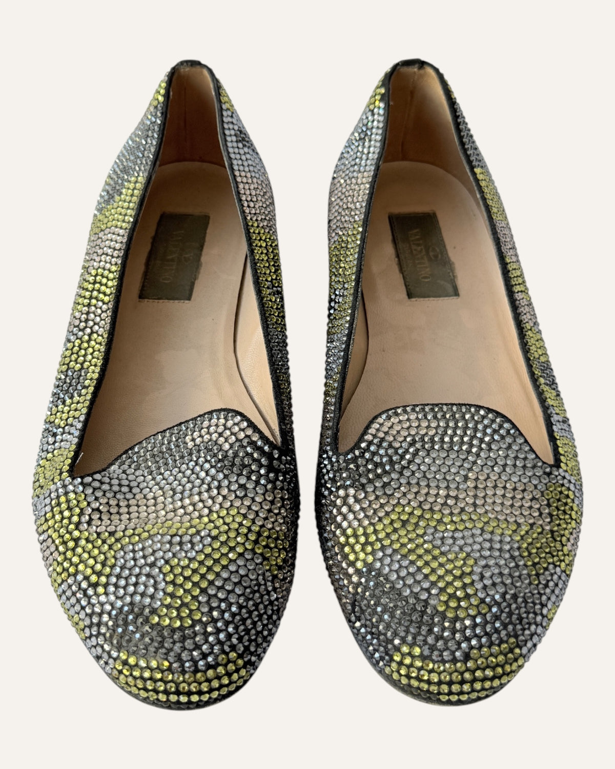 Valentino silver and chartreuse crystal embellished camouflage loafer flats