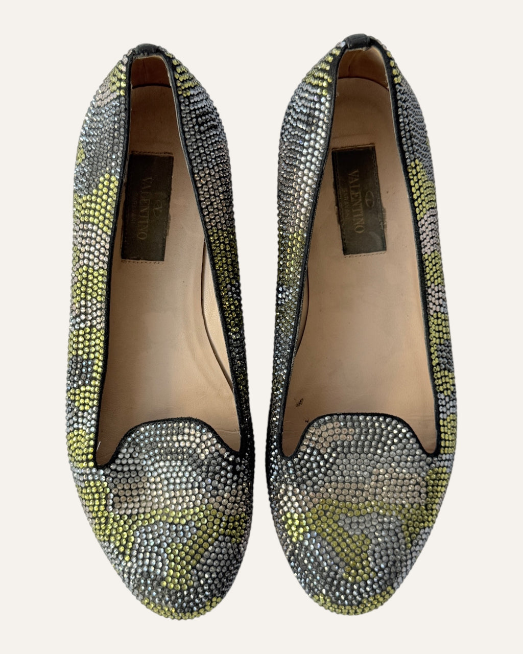 Valentino silver and chartreuse crystal embellished camouflage loafer flats