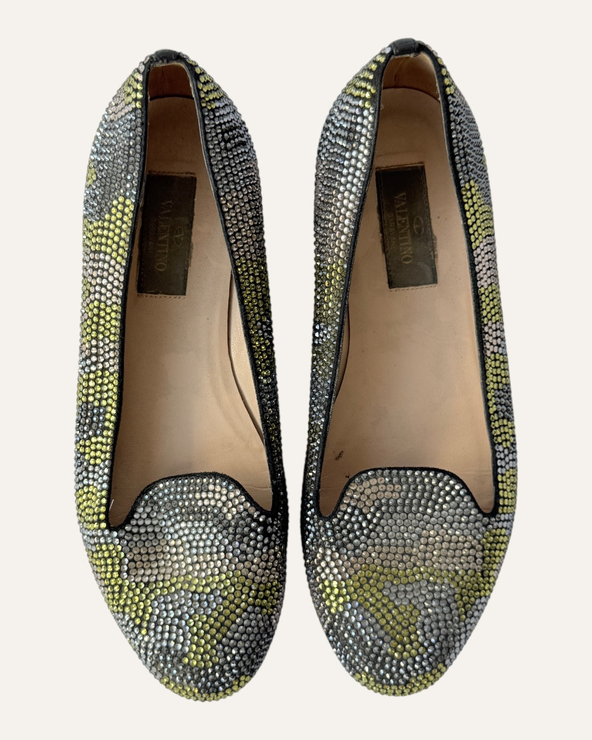Valentino silver and chartreuse crystal embellished camouflage loafer flats