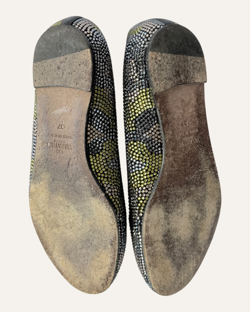 Valentino silver and chartreuse crystal embellished camouflage loafer flats
