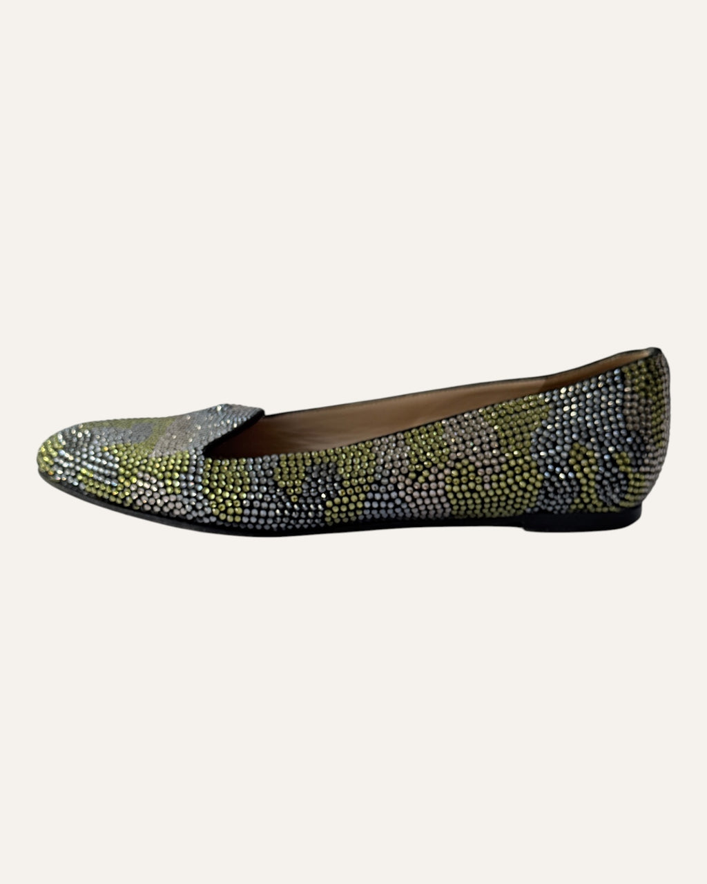 Valentino silver and chartreuse crystal embellished camouflage loafer flats