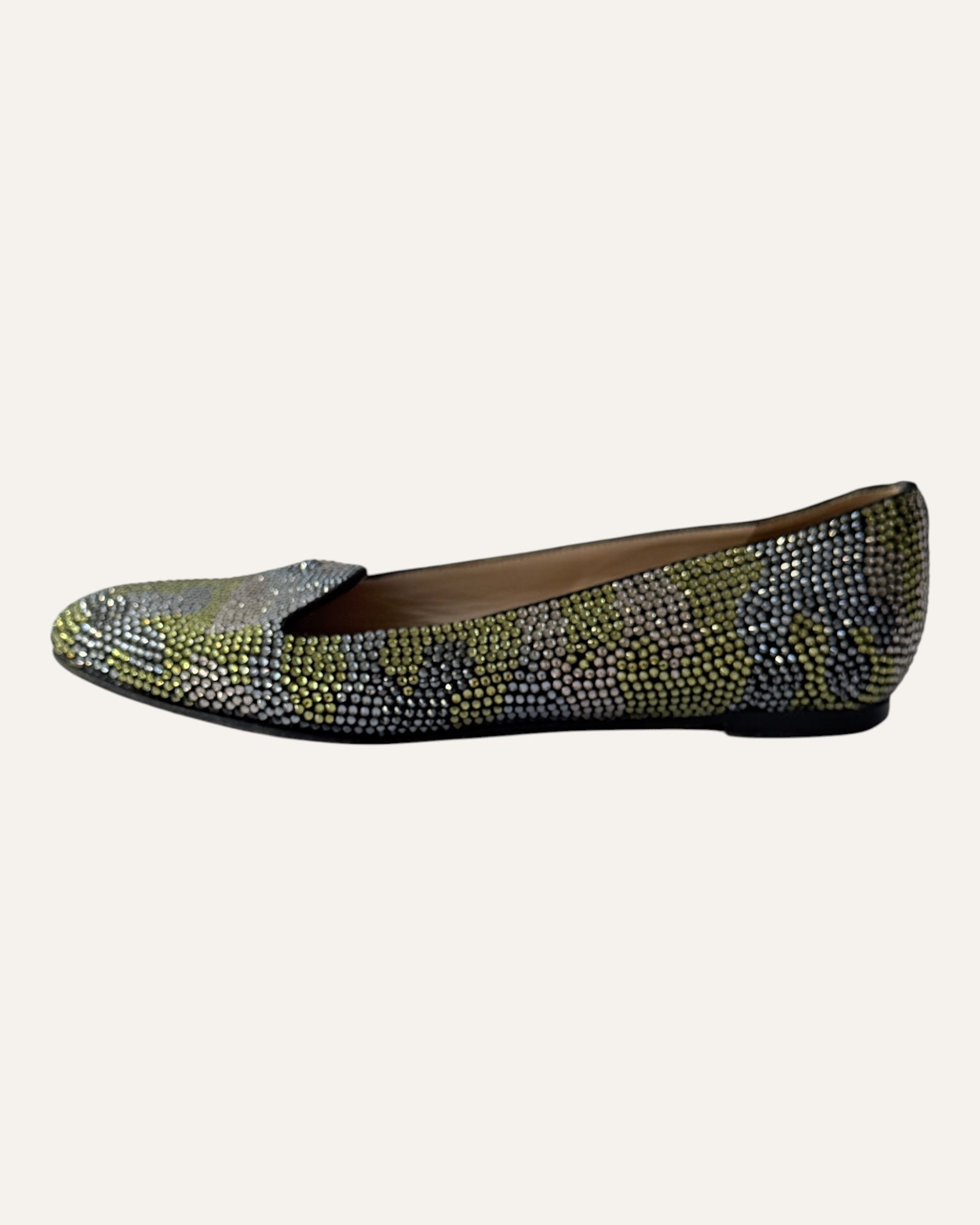 Valentino silver and chartreuse crystal embellished camouflage loafer flats