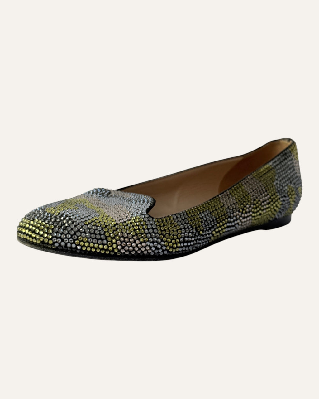 Valentino silver and chartreuse crystal embellished camouflage loafer flats
