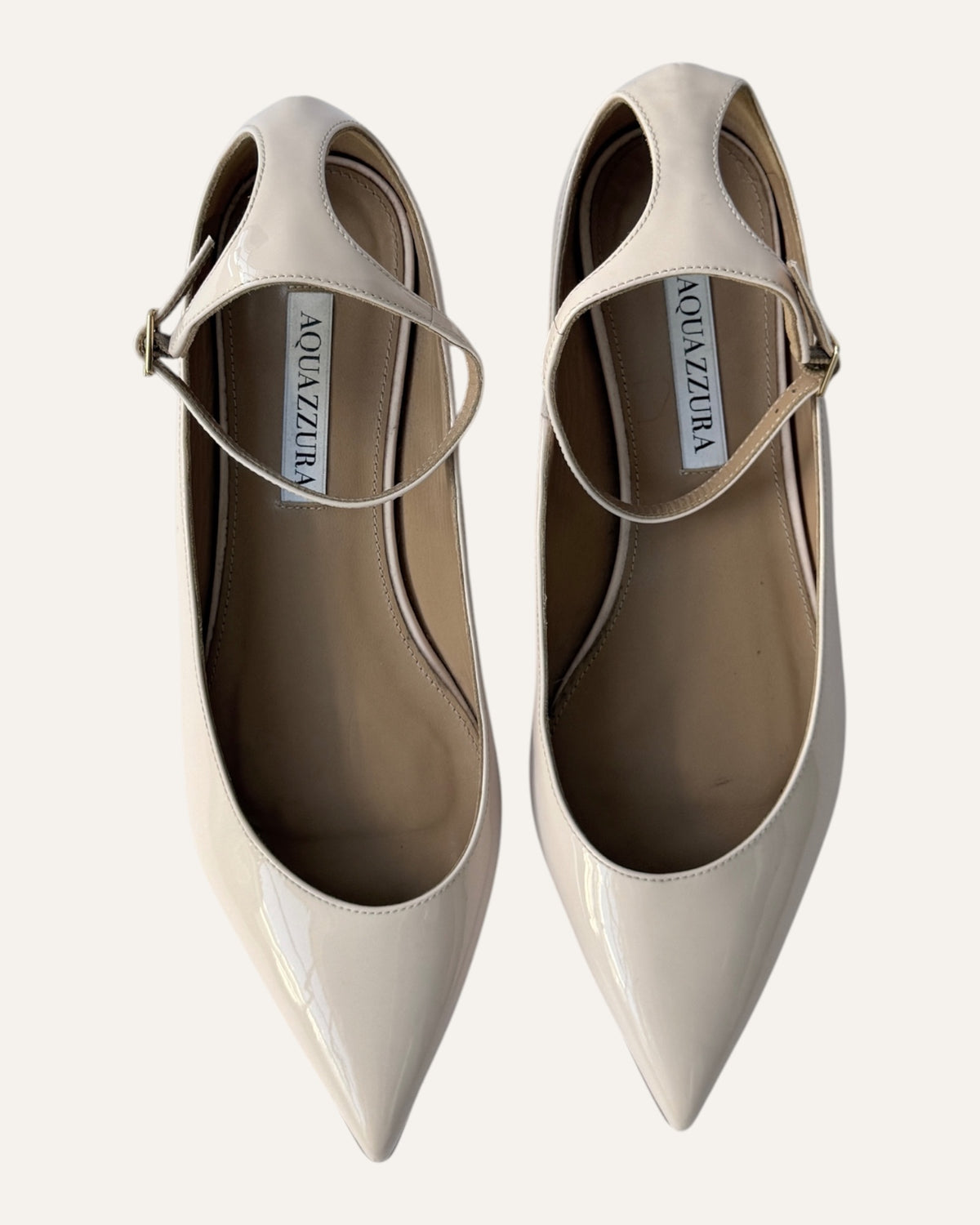 Aquazzura Love Affair pinky nude patent pointed-toe flats with ankle strap
