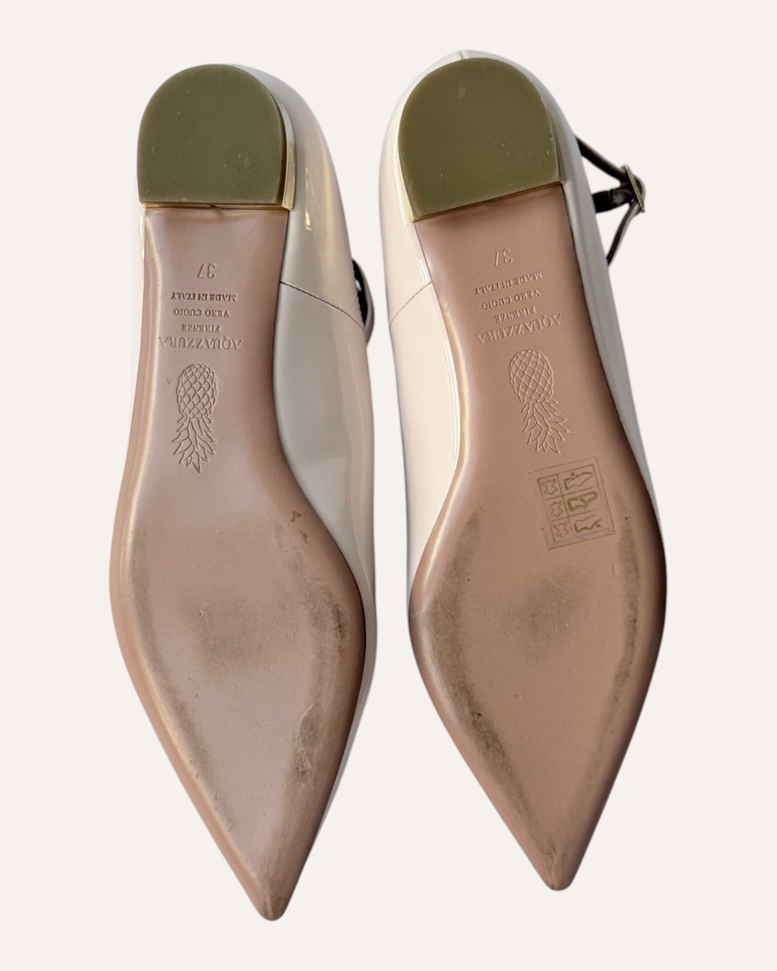 Aquazzura Love Affair pinky nude patent pointed-toe flats with ankle strap
