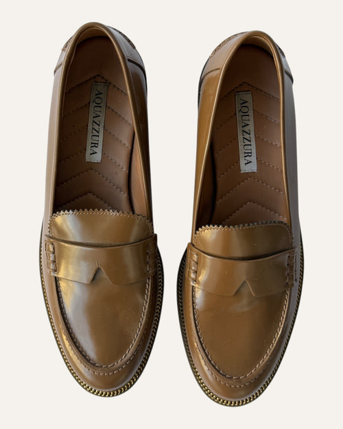 Aquazzura brown leather penny loafers with gold-tone welt trim