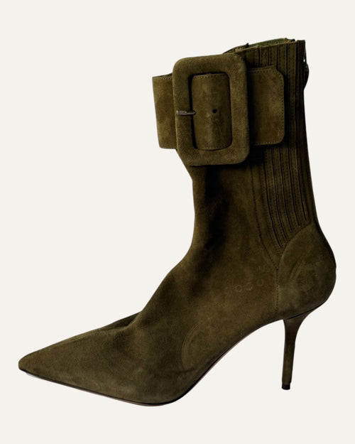 Aquazzura Saint Honoré taupe suede ankle boots with oversized buckle strap