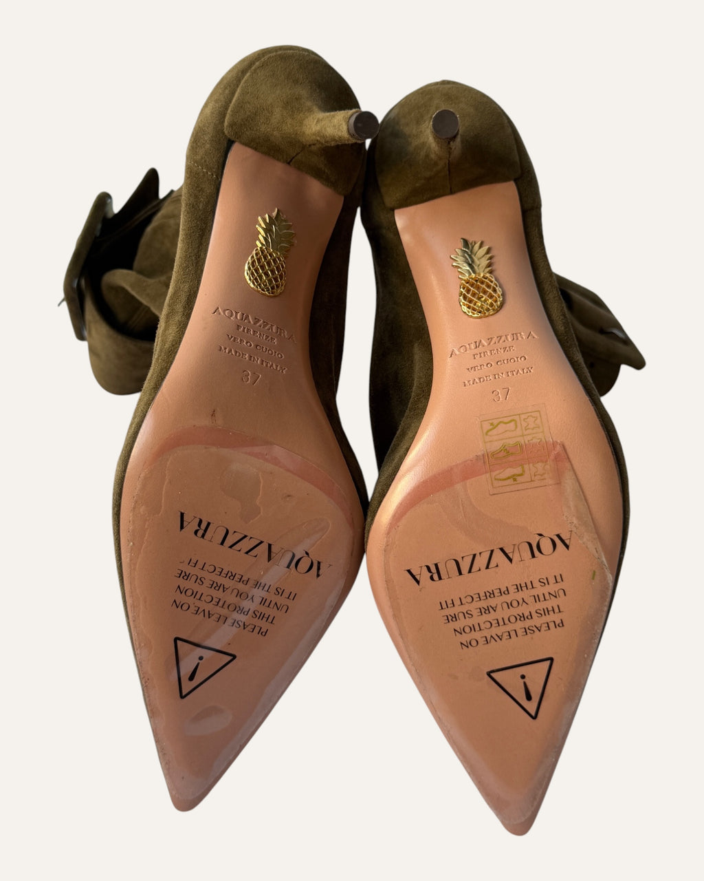 Aquazzura Saint Honoré taupe suede ankle boots with oversized buckle strap
