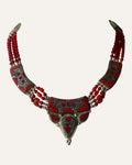 Tibetan-style silver and coral inlay statement necklace with multi-strand beading