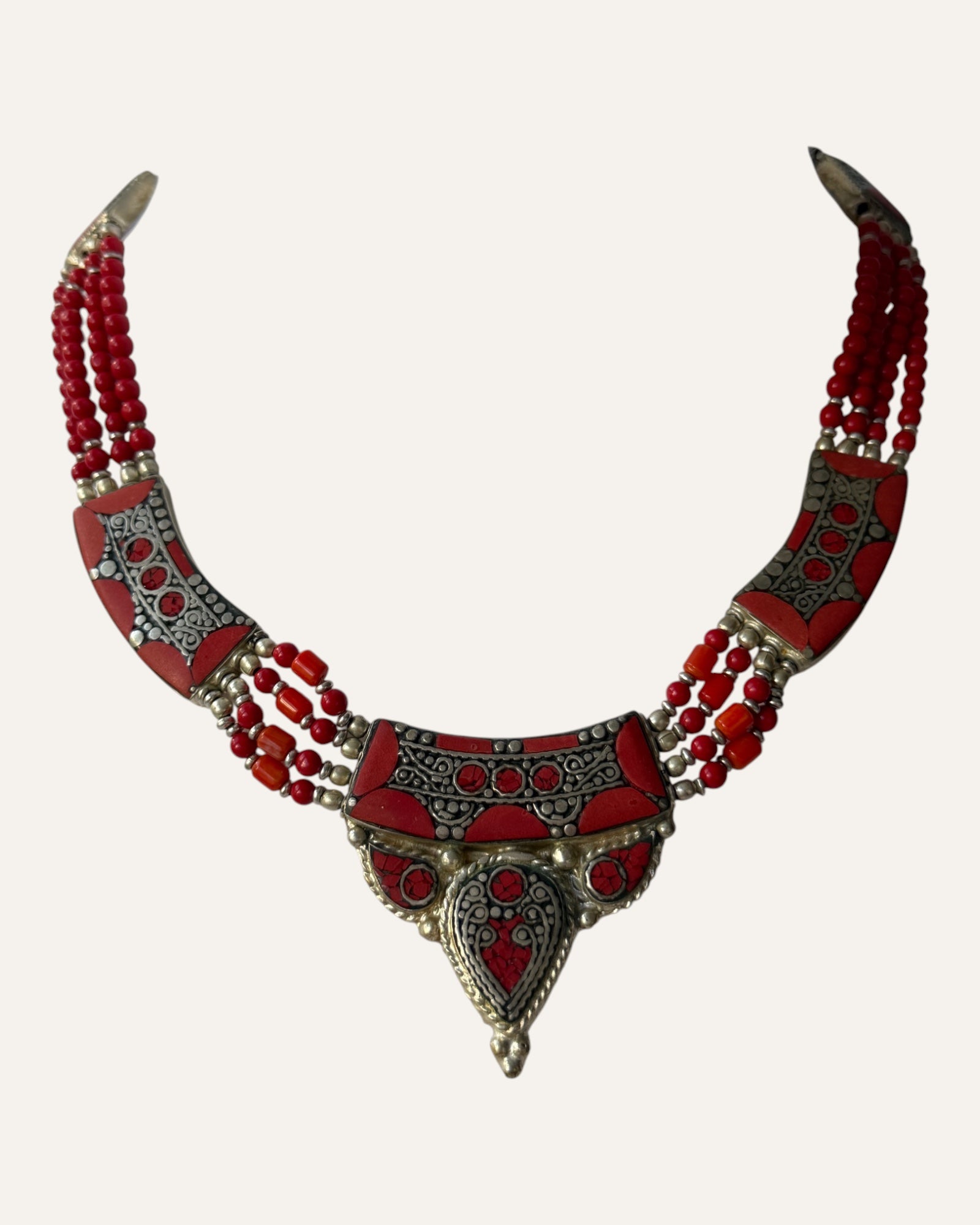 Tibetan-style silver and coral inlay statement necklace with multi-strand beading