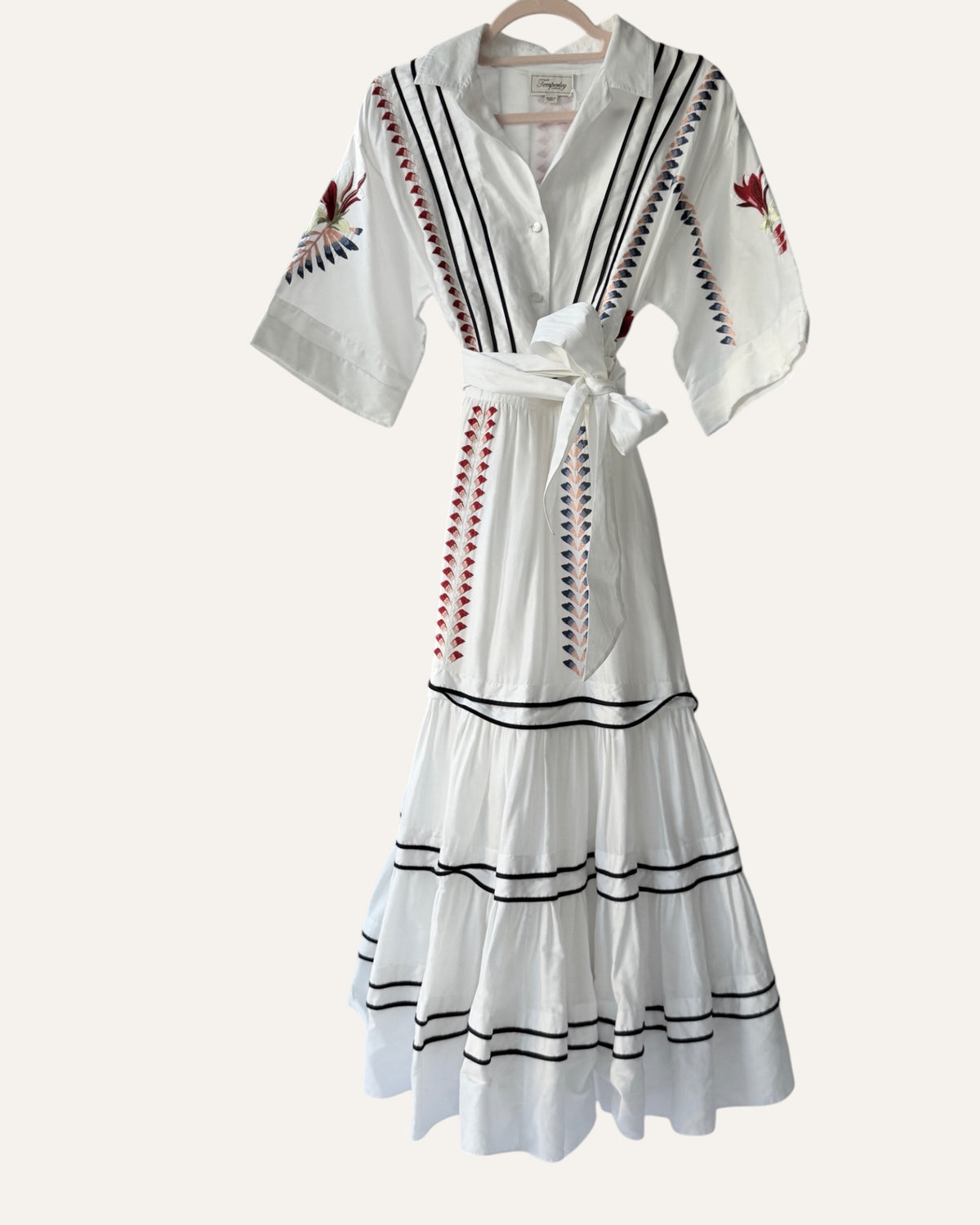 Temperley London white cotton dress with cherry blossom embroidery and tiered skirt