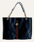 Gucci Rajah large black leather tote with gold chain straps, tiger head hardware, and matching zip pouch