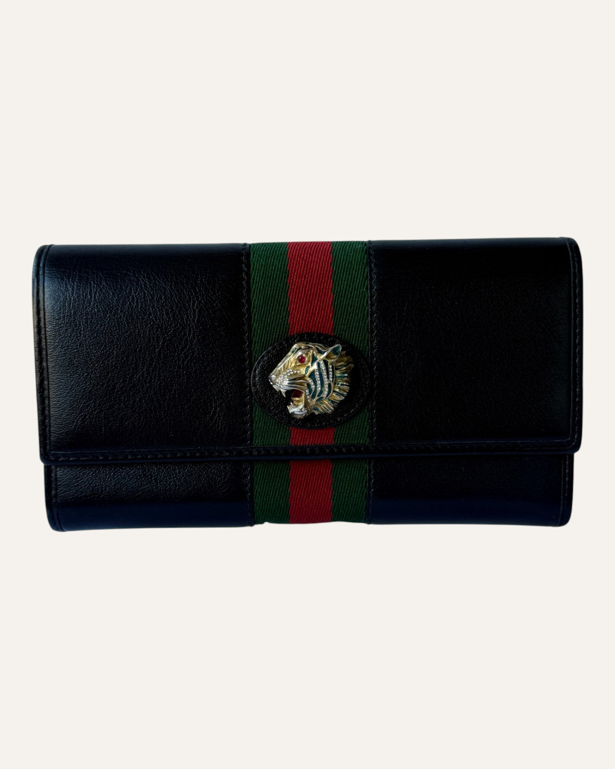 Gucci Rajah continental wallet in black leather with tiger head hardware and green-red-green web stripe