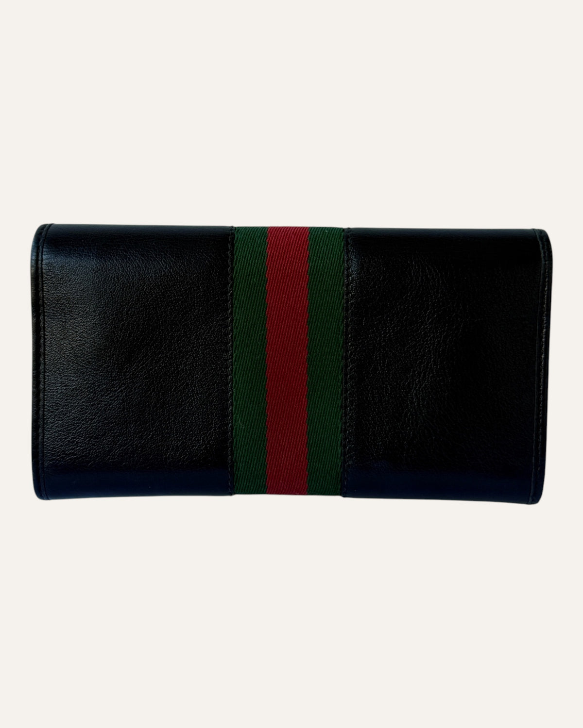 Gucci Rajah continental wallet in black leather with tiger head hardware and green-red-green web stripe