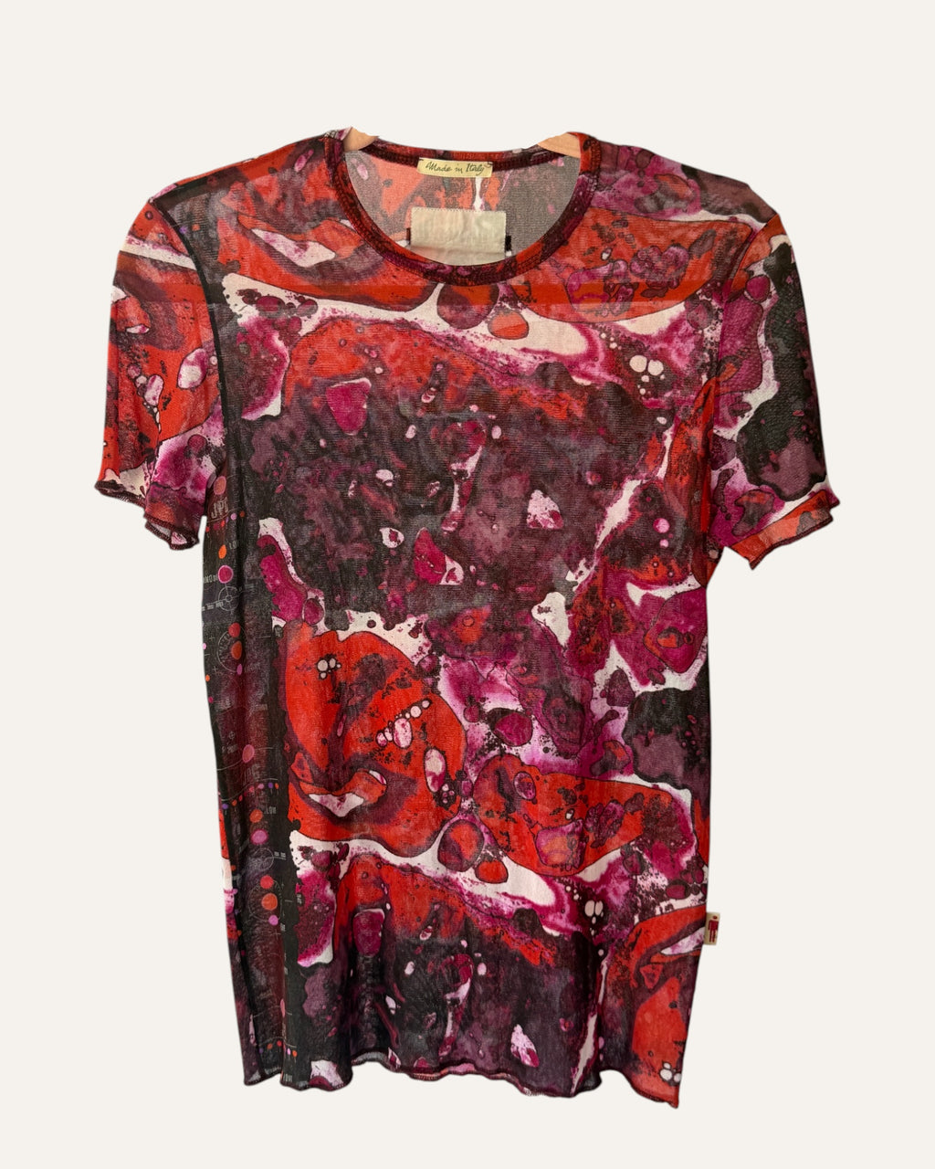 Vintage JPG Jeans by Jean Paul Gaultier sheer mesh t-shirt in red, magenta and purple Bacteria print