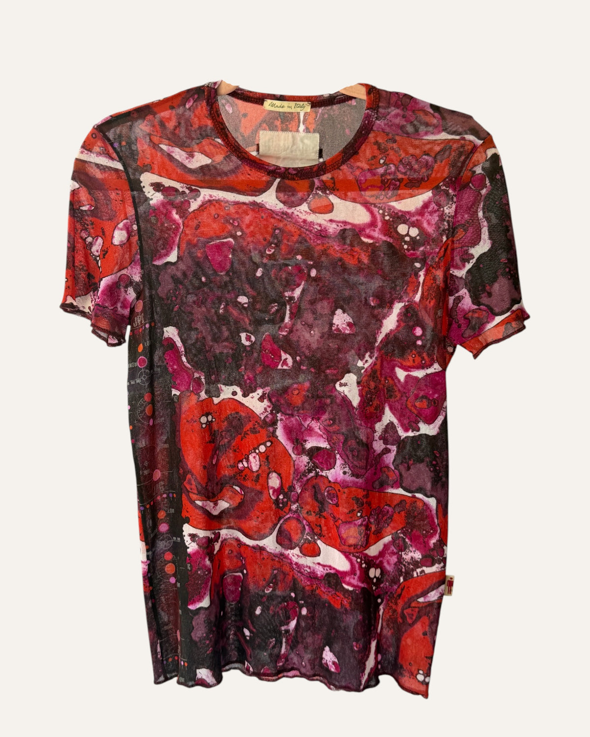 Vintage JPG Jeans by Jean Paul Gaultier sheer mesh t-shirt in red, magenta and purple Bacteria print