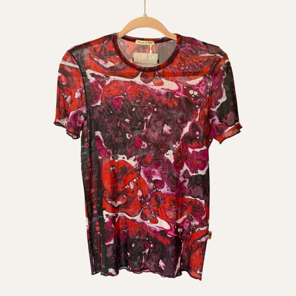Vintage JPG Jeans by Jean Paul Gaultier sheer mesh t-shirt in red, magenta and purple Bacteria print