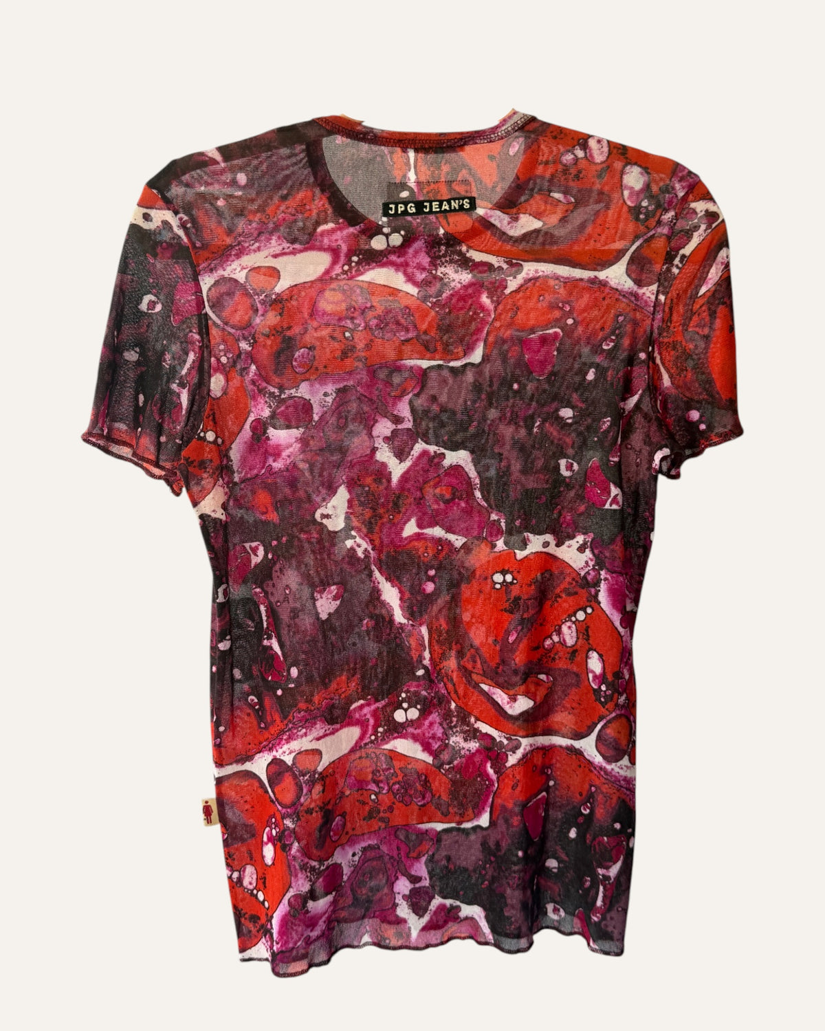 Vintage JPG Jeans by Jean Paul Gaultier sheer mesh t-shirt in red, magenta and purple Bacteria print