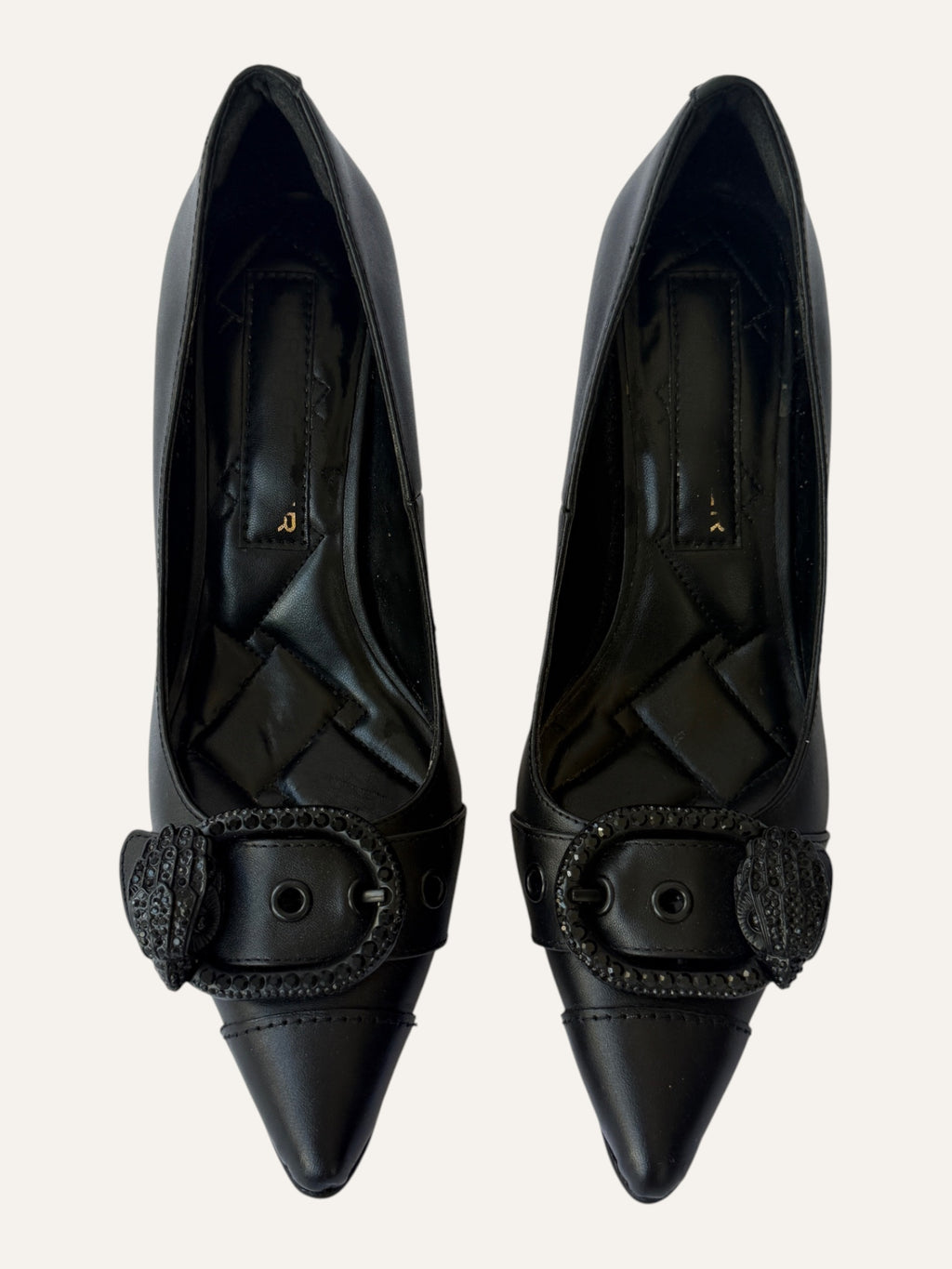 Kurt Geiger London black leather pointed-toe pumps with black crystal buckle and eagle head detail
