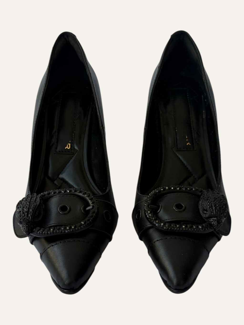 Kurt Geiger London black leather pointed-toe pumps with black crystal buckle and eagle head detail