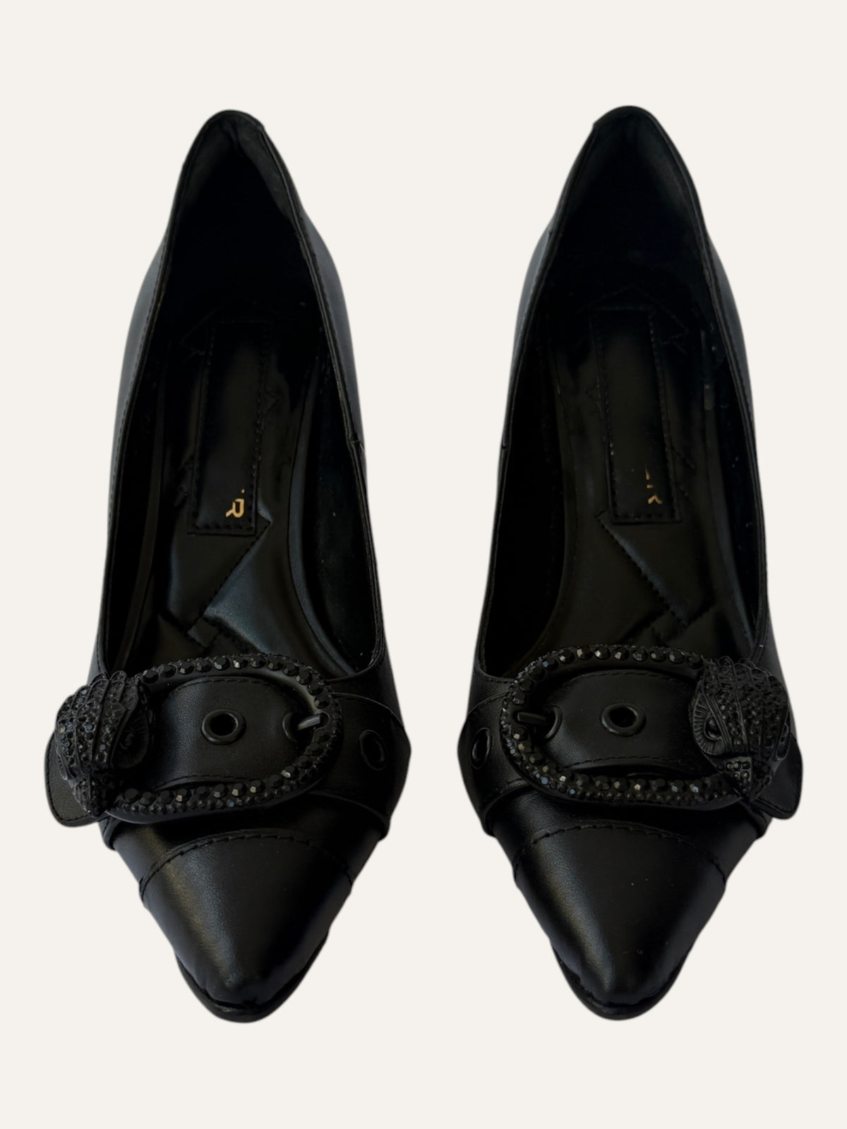 Kurt Geiger London black leather pointed-toe pumps with black crystal buckle and eagle head detail