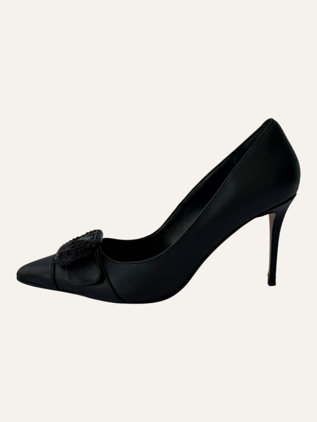Kurt Geiger London black leather pointed-toe pumps with black crystal buckle and eagle head detail