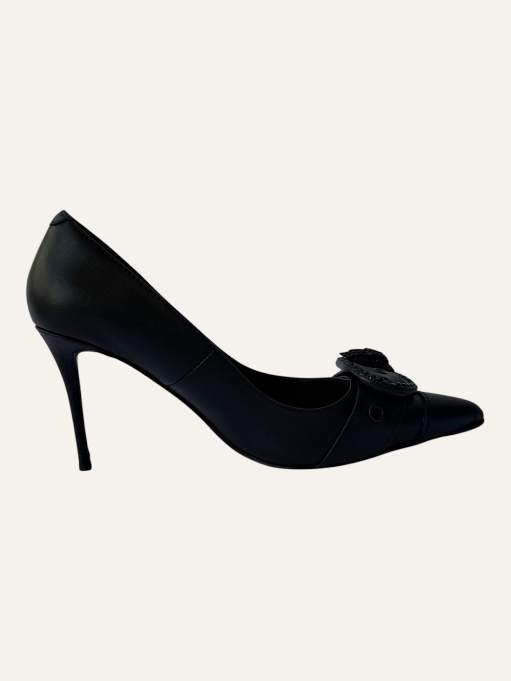 Kurt Geiger London black leather pointed-toe pumps with black crystal buckle and eagle head detail