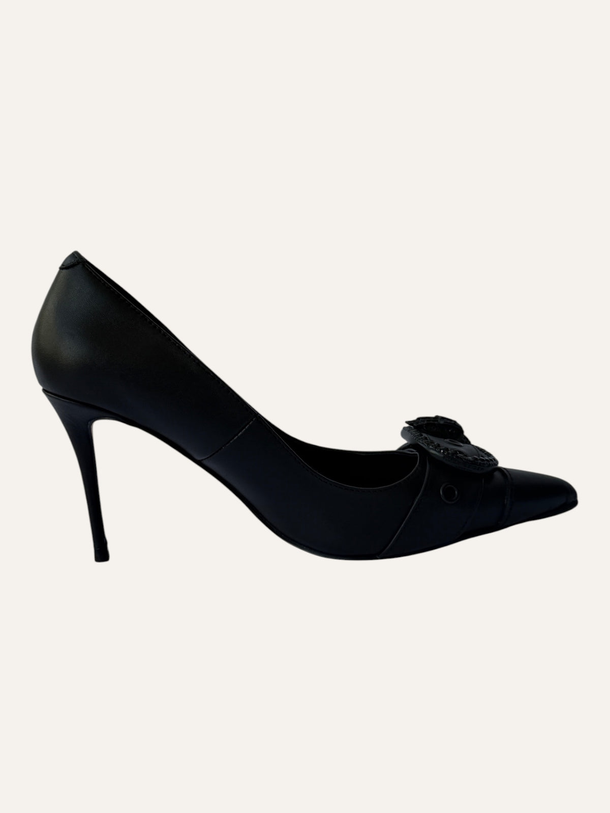 Kurt Geiger London black leather pointed-toe pumps with black crystal buckle and eagle head detail