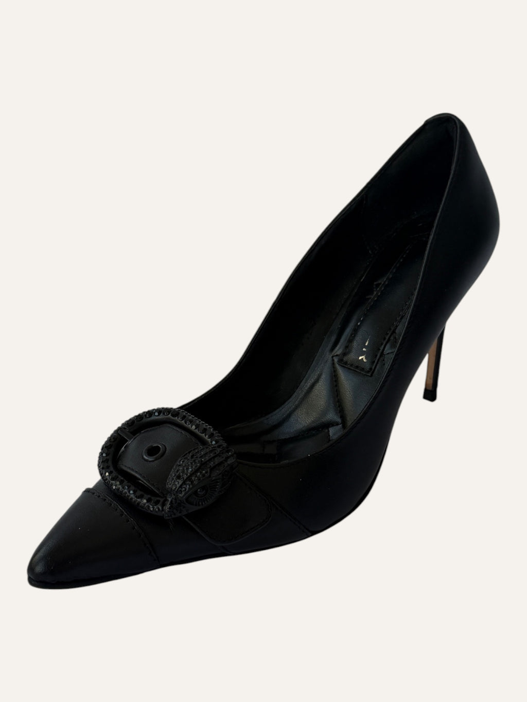Kurt Geiger London black leather pointed-toe pumps with black crystal buckle and eagle head detail