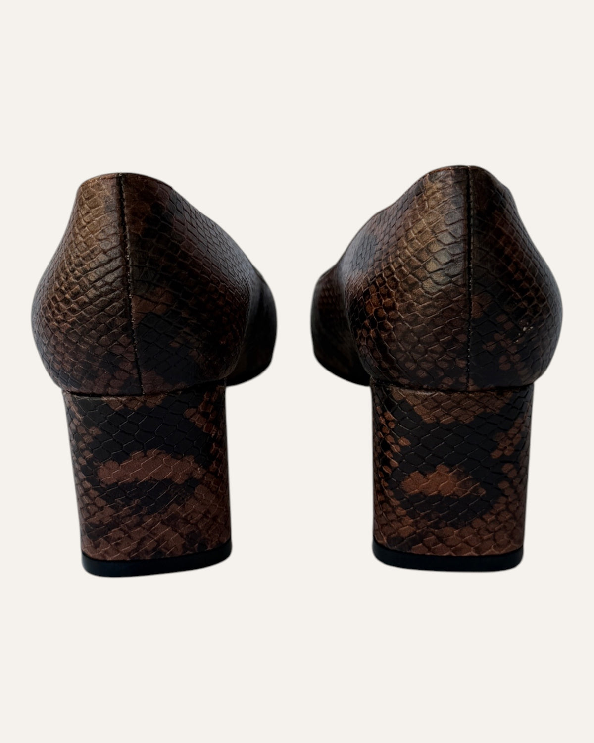 Stuart Weitzman brown snake-embossed leather pumps with black patent cap toes