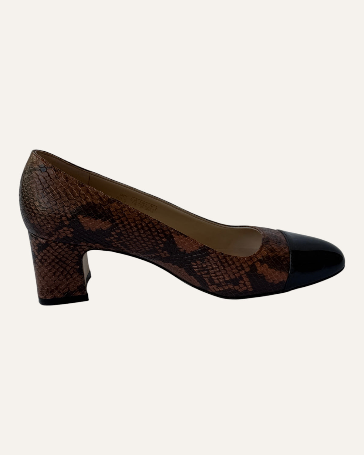 Stuart Weitzman brown snake-embossed leather pumps with black patent cap toes