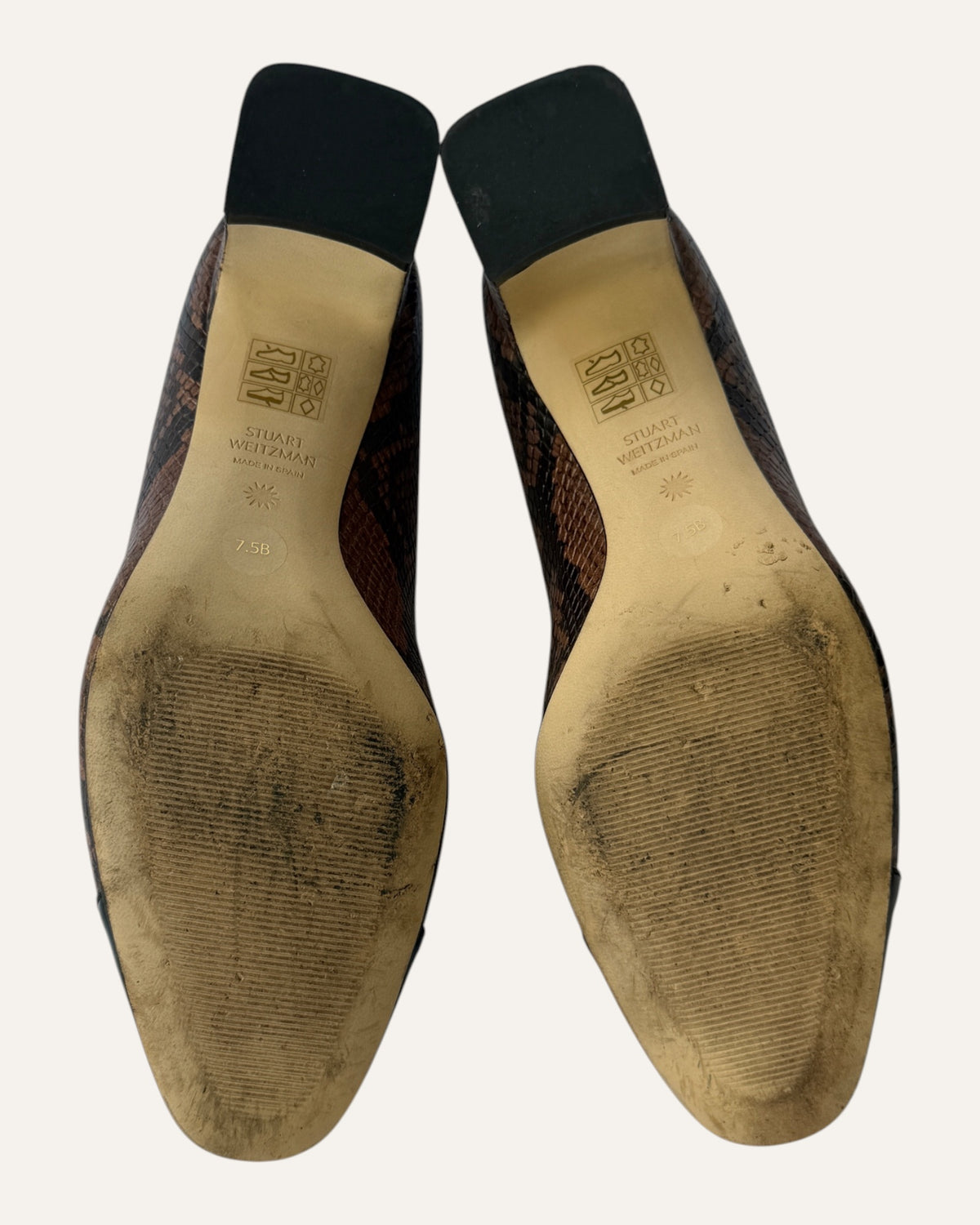 Stuart Weitzman brown snake-embossed leather pumps with black patent cap toes
