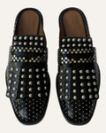 Clergerie Paris Youla black leather backless loafers with silver-tone studs and layered kiltie fringe