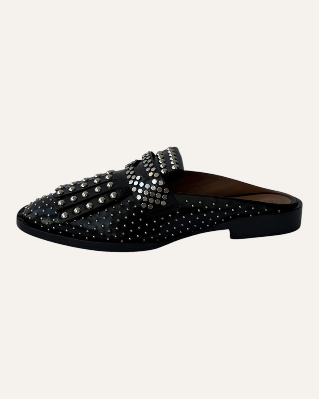 Clergerie Paris Youla black leather backless loafers with silver-tone studs and layered kiltie fringe