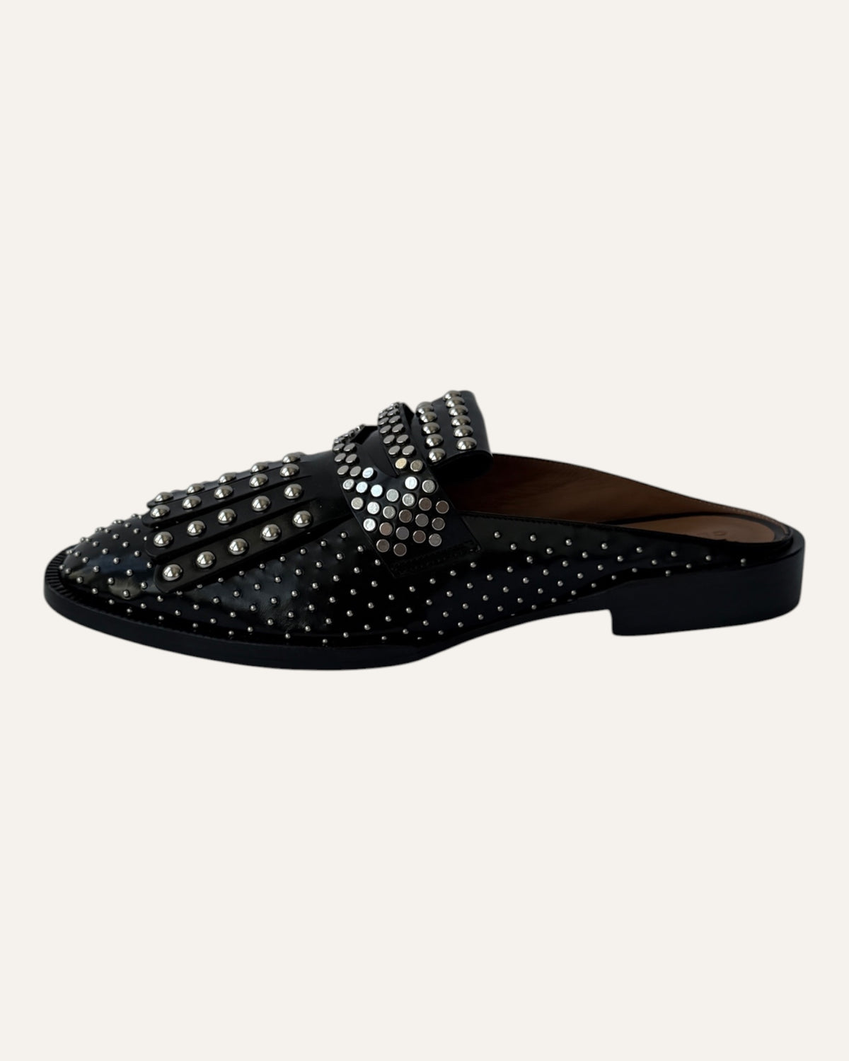 Clergerie Paris Youla black leather backless loafers with silver-tone studs and layered kiltie fringe