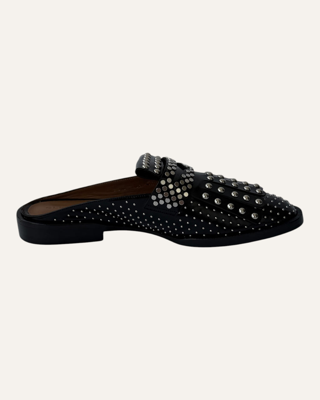 Clergerie Paris Youla black leather backless loafers with silver-tone studs and layered kiltie fringe