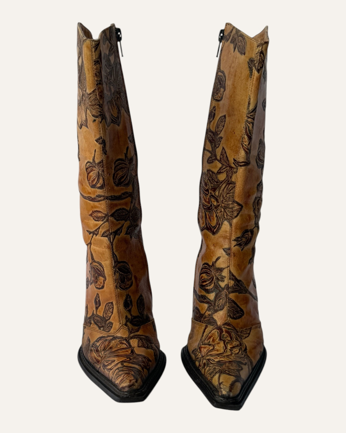 Andrew Stevens vintage camel leather mid-calf stiletto boot with tooled brown rose design and pointed western toe